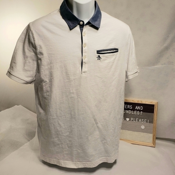 Original Penguin Heritage Slim Fit Shirt White Dark Chambray Collar Large - Picture 2 of 6